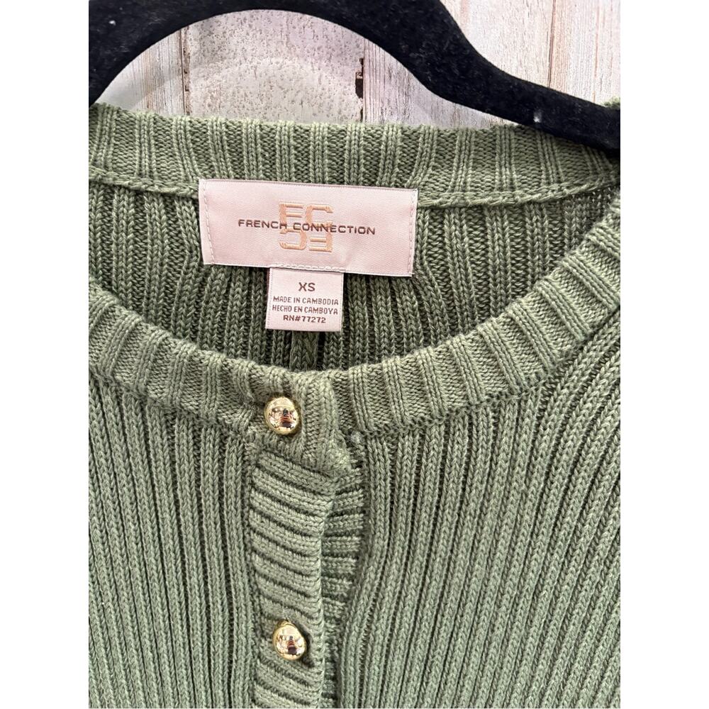 French Connection Olive Green Ribbed Knit Mini Dress XS Gold Button Short Sleeve - Picture 7 of 7